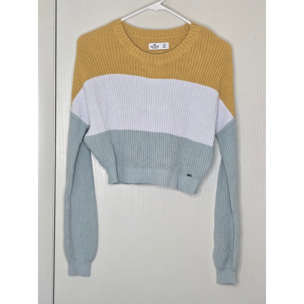 Hollister California Women XS Cropped Colorblock Shaker Knit Sweater Yellow Blue